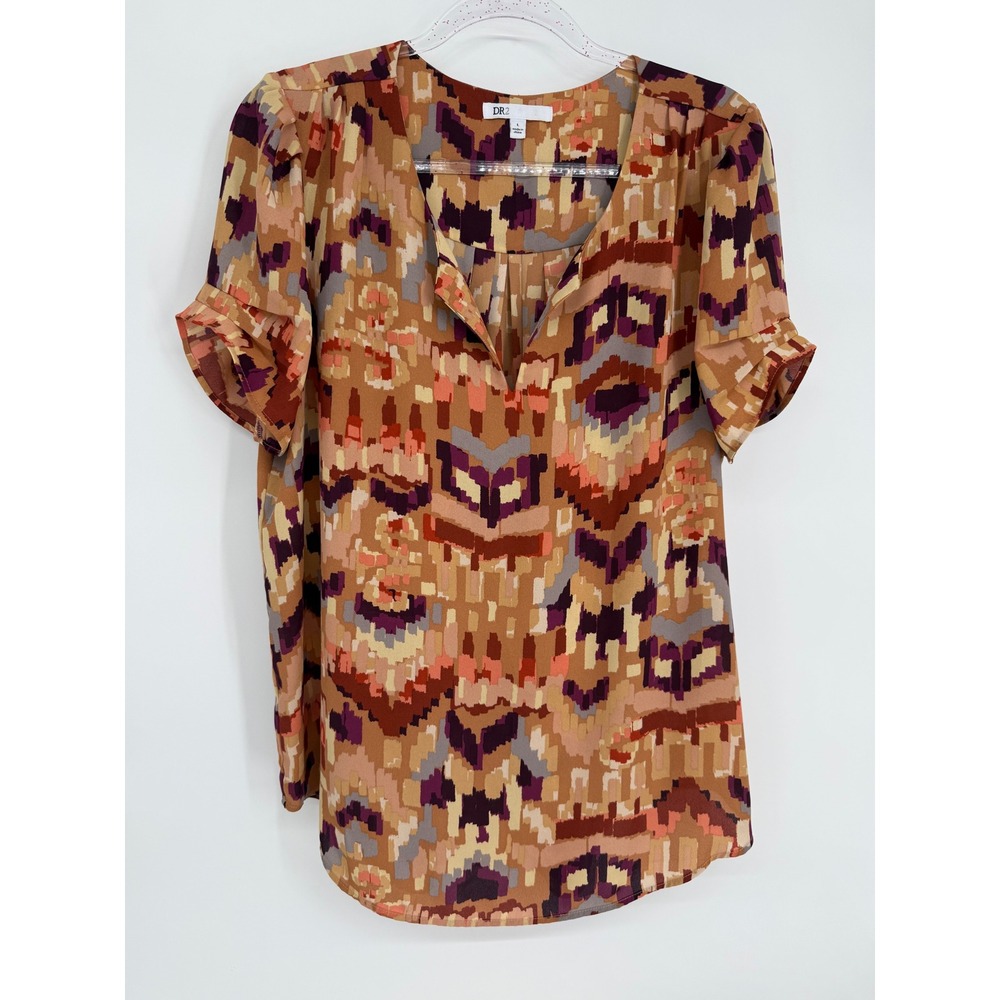 DR2 Womens Abstract Ikat Geometric Split V-Neck Blouse Rust Purple Gold Sz L